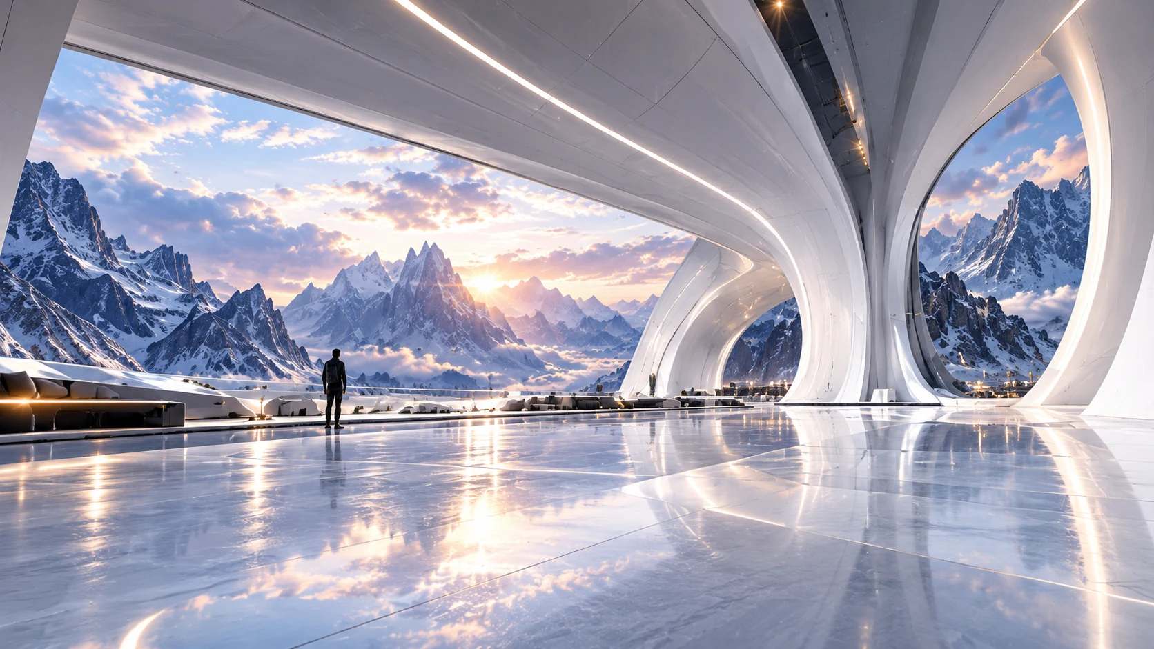 Sculptural white observatory overlooking mountain peaks